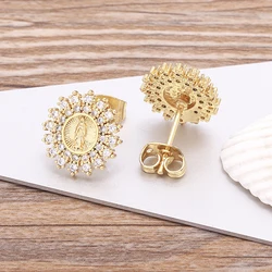 Nidin Charm Lovely Cute Round Virgin Mary Stud Earrings Copper Gold Color Clear Cubic Zirconia Women Wedding Party Jewelry