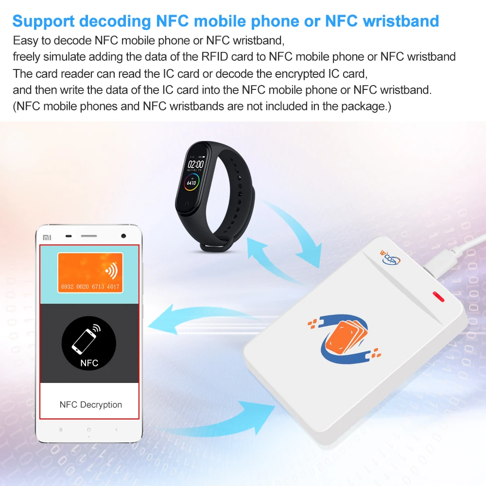 RFID Card Reader Writer ID/IC Duplicator Copier Encrypted Card Decoder with 125KHz/13.56MHz Keyfobs Support NFC Phone/Wristband
