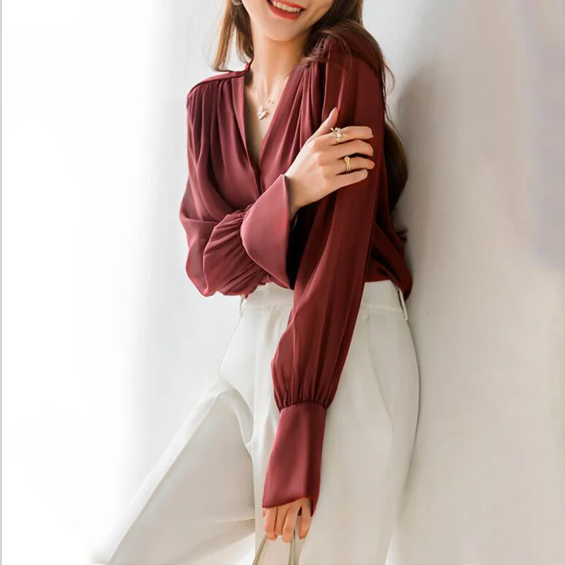 New 100% Silk Blouse Top Women High Quality V-neck Black Shirt Wine Red Office Lady Wear Fashion Clothing Summer Autumn