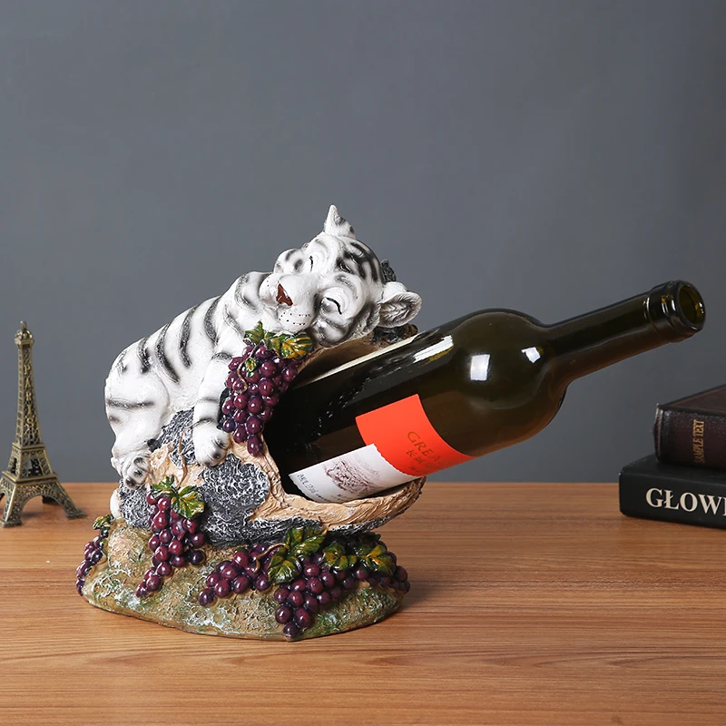 Resin Sleeping White Tiger Wine Holder Ornamental Stump Grape Bottle Rack Drinkware Decor Barware Gift and Craft Accessories