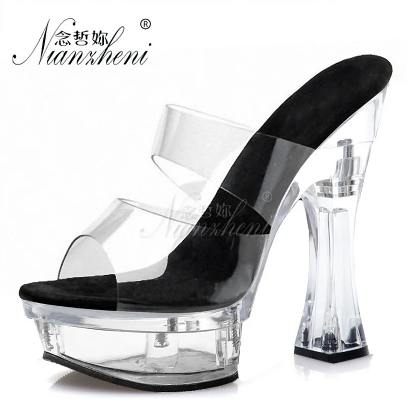 New style Concise Clear Crystal Spool heels Thick platform Womens Slippers 14CM Super High heeled shoes Big Size Stripper Fetish