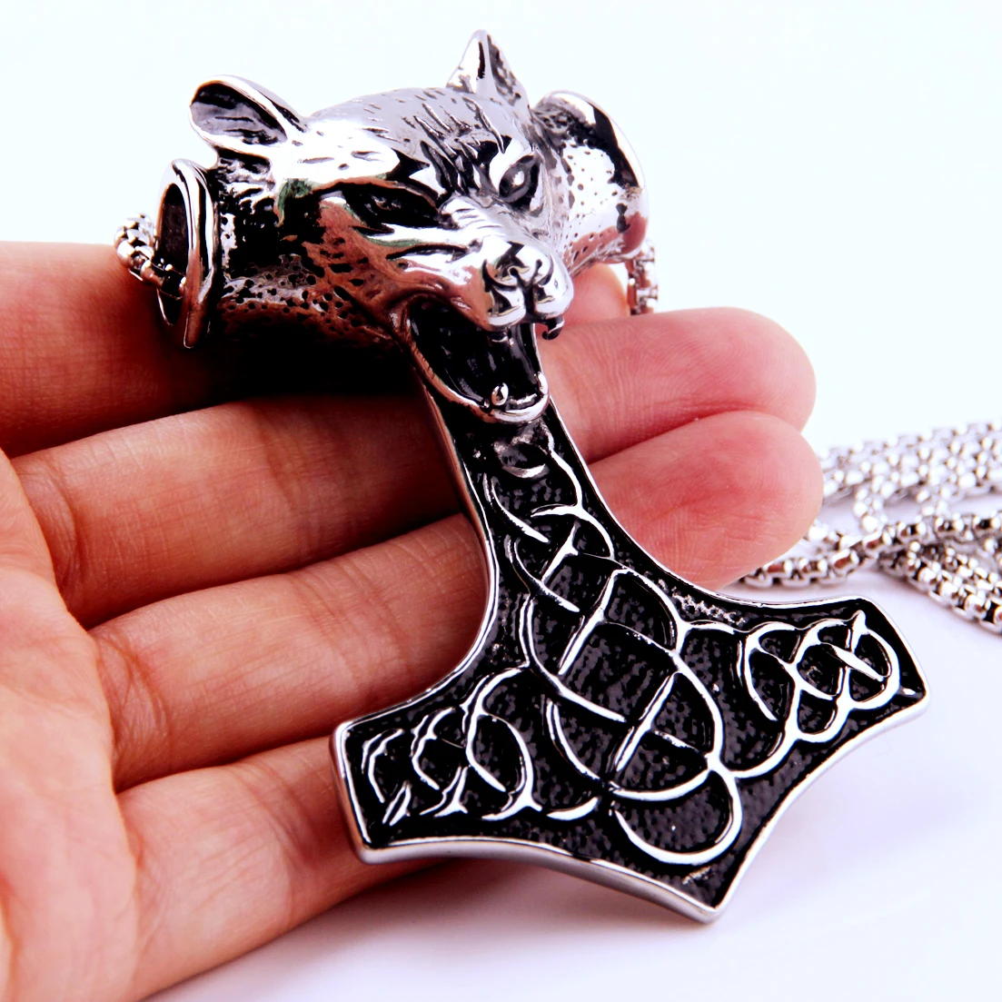 Gothic Men Jewelry Stainless Steel Huge Wolf Head Thor Hammer Mjolnir Pendant Necklace 24inch