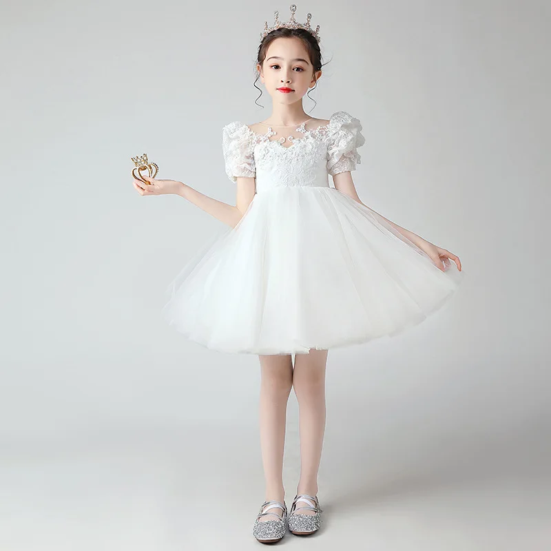 

3-12 Years Old White Flower Girl Dress High Waist Puff Sleeve Tutu Dress Girls Lace Tulle Princess Gowns Children Party Costume