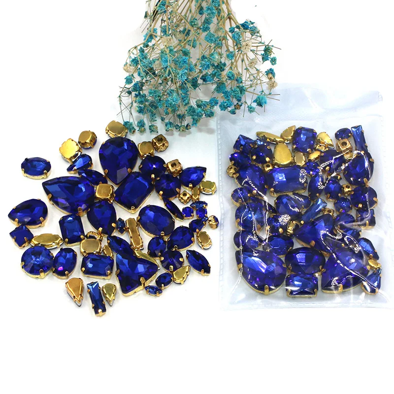 NEW 50pcs/bag mixed shape gold base glass rhinestones Royal blue flatback sew on rhinestones diy clothing accessories