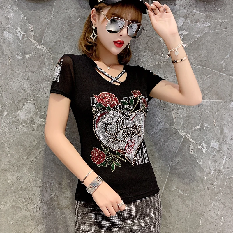 2024 Zomer Mode Koreaanse T-Shirt Kleding Sexy Uitgehold Ingelegde Diamanten Letter Rose Vrouwen Tops Ropa Mujer Patchwork Mesh T-Shirts