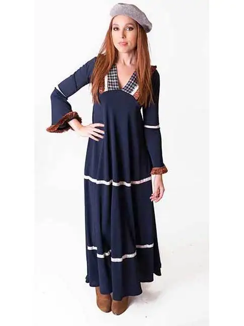 Long winter dress woman. Peak neckline dress navy color manufactured in knitting