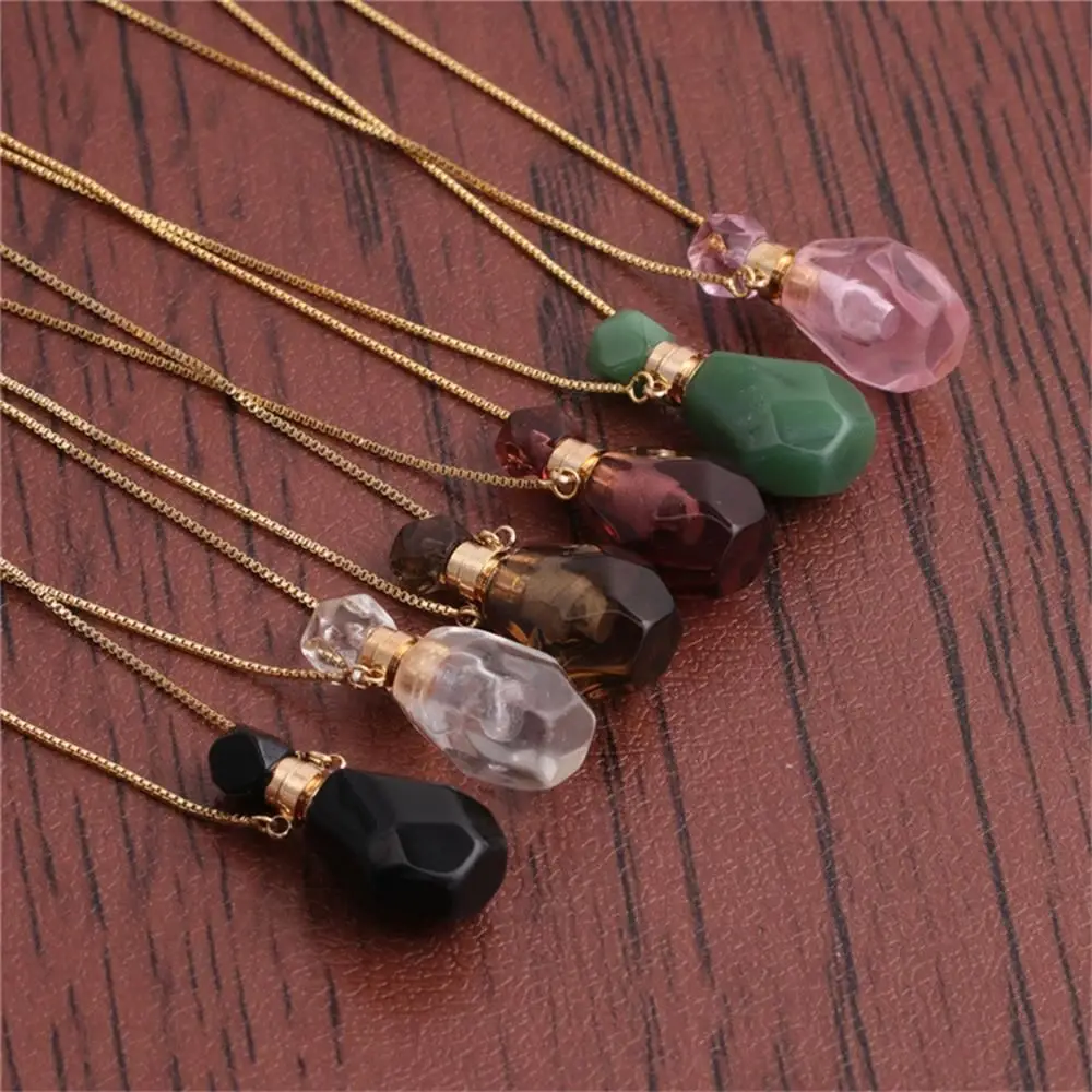 Perfume Bottle Pendant Necklace Crystal Essential Oil Diffuser Vial Jewelry Gift Natural Pink Amethysts Quartz Tiger Eye Stone
