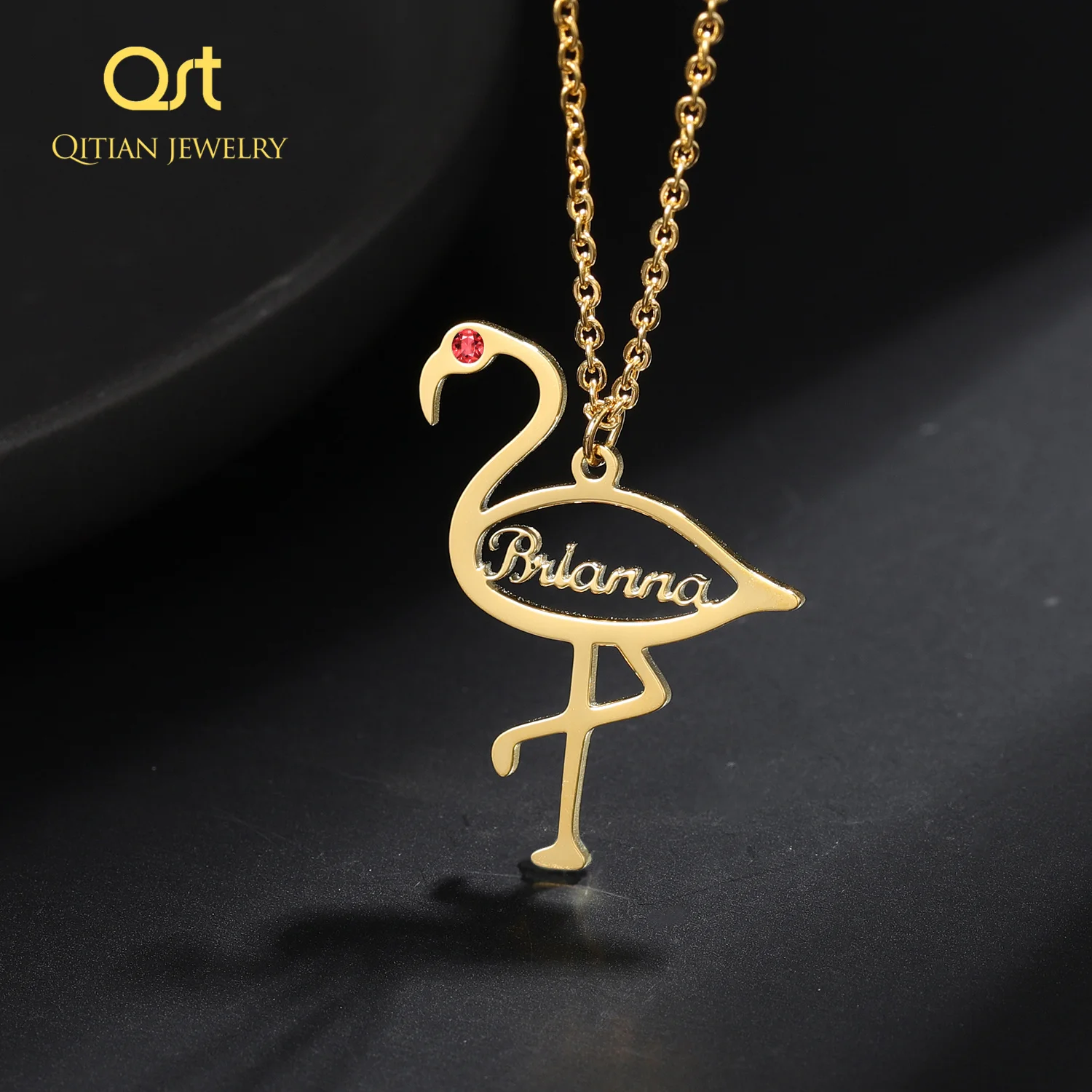 

Personalized Name Custom Necklace Flamingo Birthstone Gold Stainless Steel Chain Pendant For Women Jewelry Gifts Drop Shipping