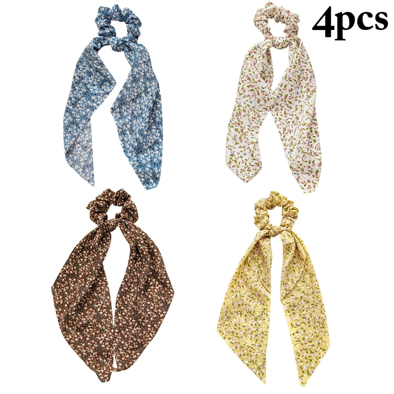 

4pcs Fashion Flower Print Bow Girls Elastic Hair Bands Long Ribbon Ponytail Scarf Hair Tie Women Scrunchies Hair Accessories