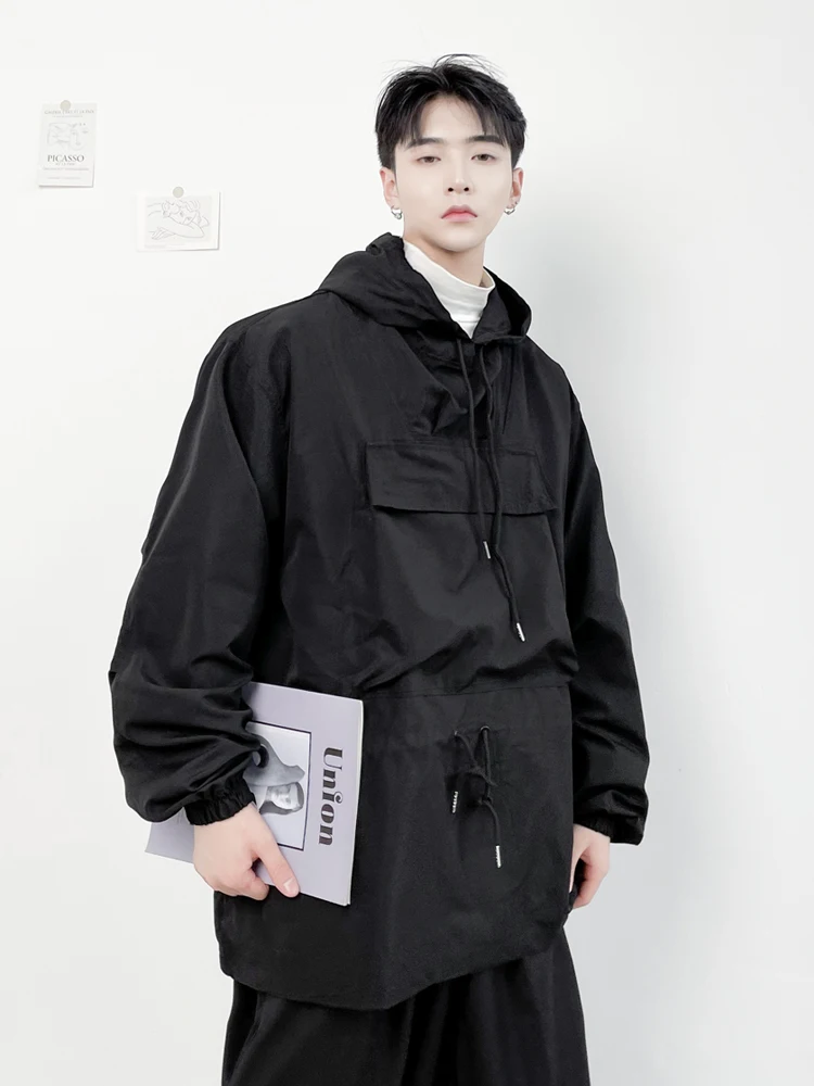 

Men's Pullover Jacket Top Early Spring Personalized Large Pocket Drawstring Hooded Loose Fashion Casual Work Clothes Thin Coat