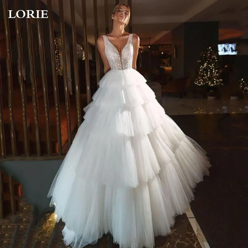 LORIE RufflesTiered Công Chúa Váy Áo Bi Đồ Bầu Long Lanh Voan Cổ V Gợi Cảm Cô Dâu Đầm Hở Lưng Áo Cưới 2021