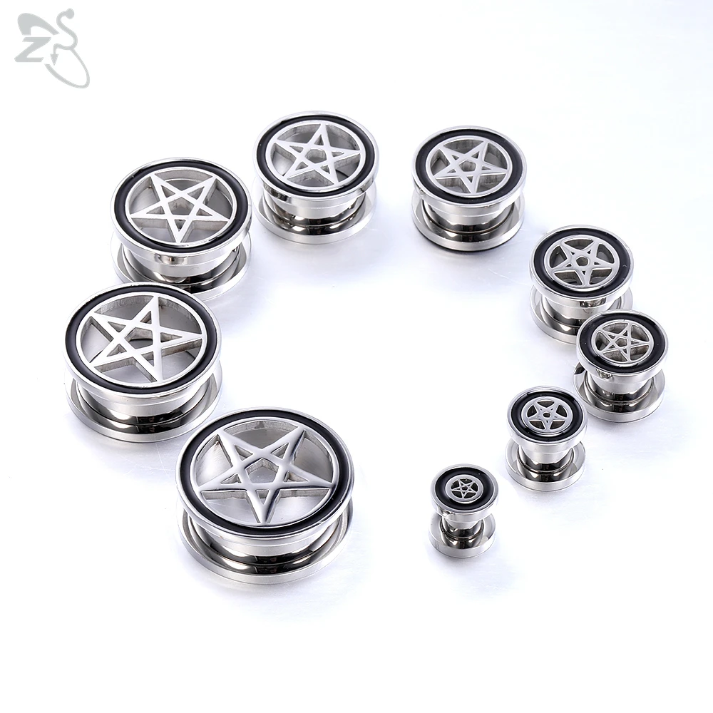 ZS 2pcs/lot Pentgram Star 316L Stainless Steel Ear Plug And Tunnel Men 3-22mm Round Gauges Expander Sterchers Piercing Jewelry