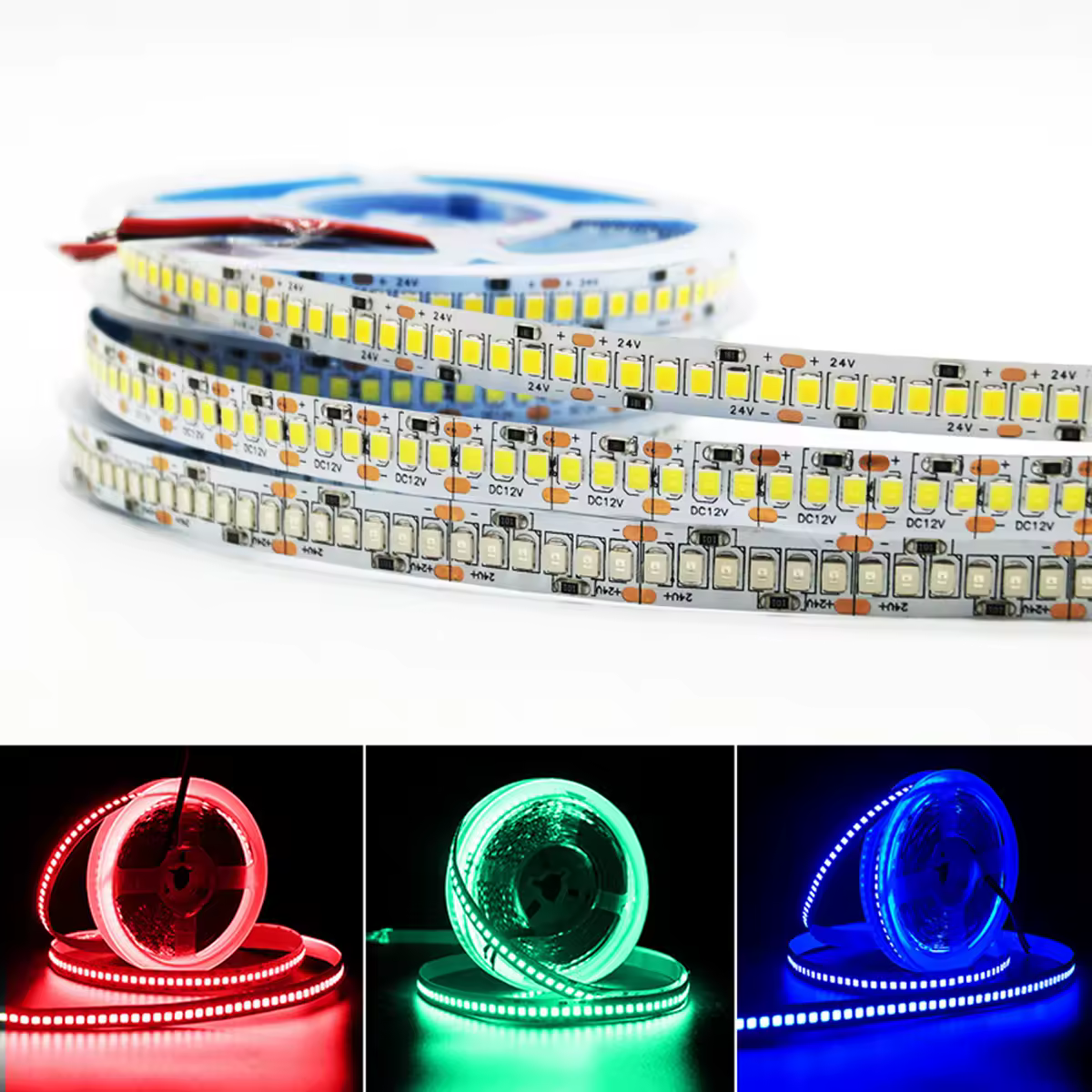 Гибкая светодиодная лента DC12V 24V 20 Вт/м 2835 SMD, неводонепроницаемая, 240 светодиодов/м, белый, теплый белый, красный, цветовая температура 5 м/рулон