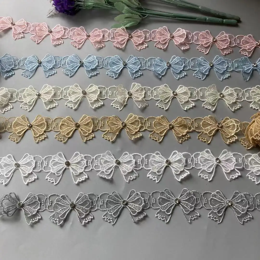 10x Bowknot Rhinestones Mesh Net Embroidered Lace Trim Ribbon Patches Applique Fabric DIY Wedding Dress Sewing Supplies Craft