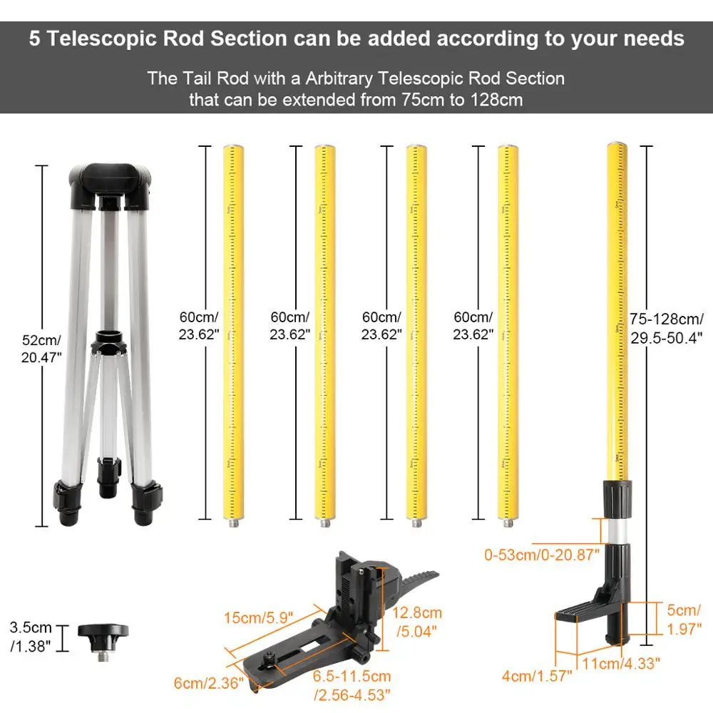 Huepar 12 Ft./3.7m statyw laserowy kij teleskopowy z 1/4-Cal przez 20-Cal uchwyt laserowy do obrotowego dołączonego adaptera LP36 i 5/8 \