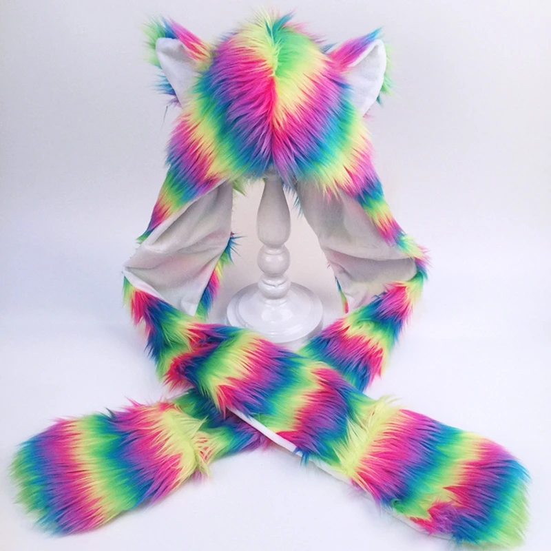 Frauen Regenbogen Streifen Pelzigen Tier Hoodie Flauschigen Plüsch Ohren Pfoten 3 In 1 Multifunktionale Earflap Schal Handschuhe ohrenschützer – Detail 8