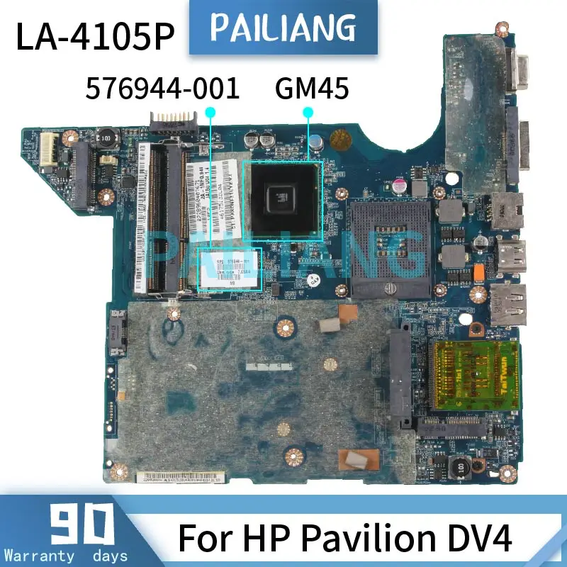 

PAILIANG Laptop motherboard For HP Pavilion DV4 Mainboard LA-4105P 576944-001 GM45 DDR3 tesed