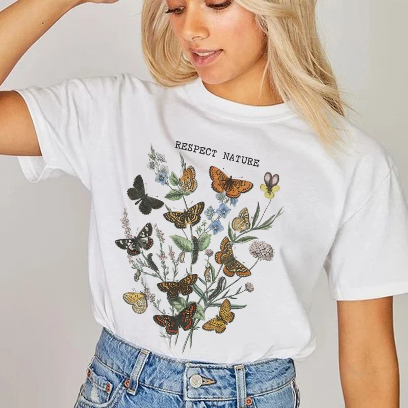 

Butterflies Floral Print Female Vintage T Shirt Casual Short Sleeve Aesthetic Graphic Tees Cute Women T-Shirts Ladies Tops