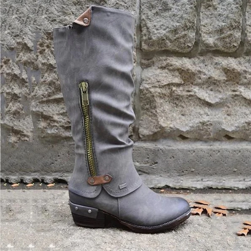 New Women Knee High Boots Winter Western Punk Boots Winter Warm Shoes Side Zipper Woman Cowboy Boots Ladies Booties Female Shoes