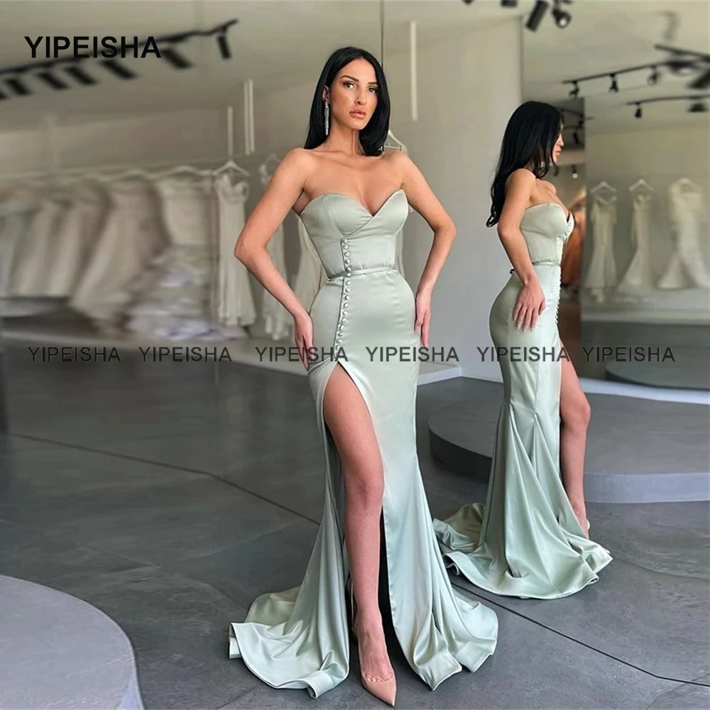 Yipeisha Sexy Side Slit Long Bridesmaid Dress Sweetheart Button  Wedding Party  Formal Celebrity Maid of Honor Gowns