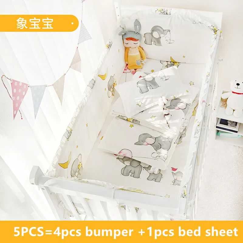 5pcs Crib Bumpers 100% Cotton Cartoon Print Children's Cot Protector Infant Baby Bedding Kids Bedding Set Room Decor