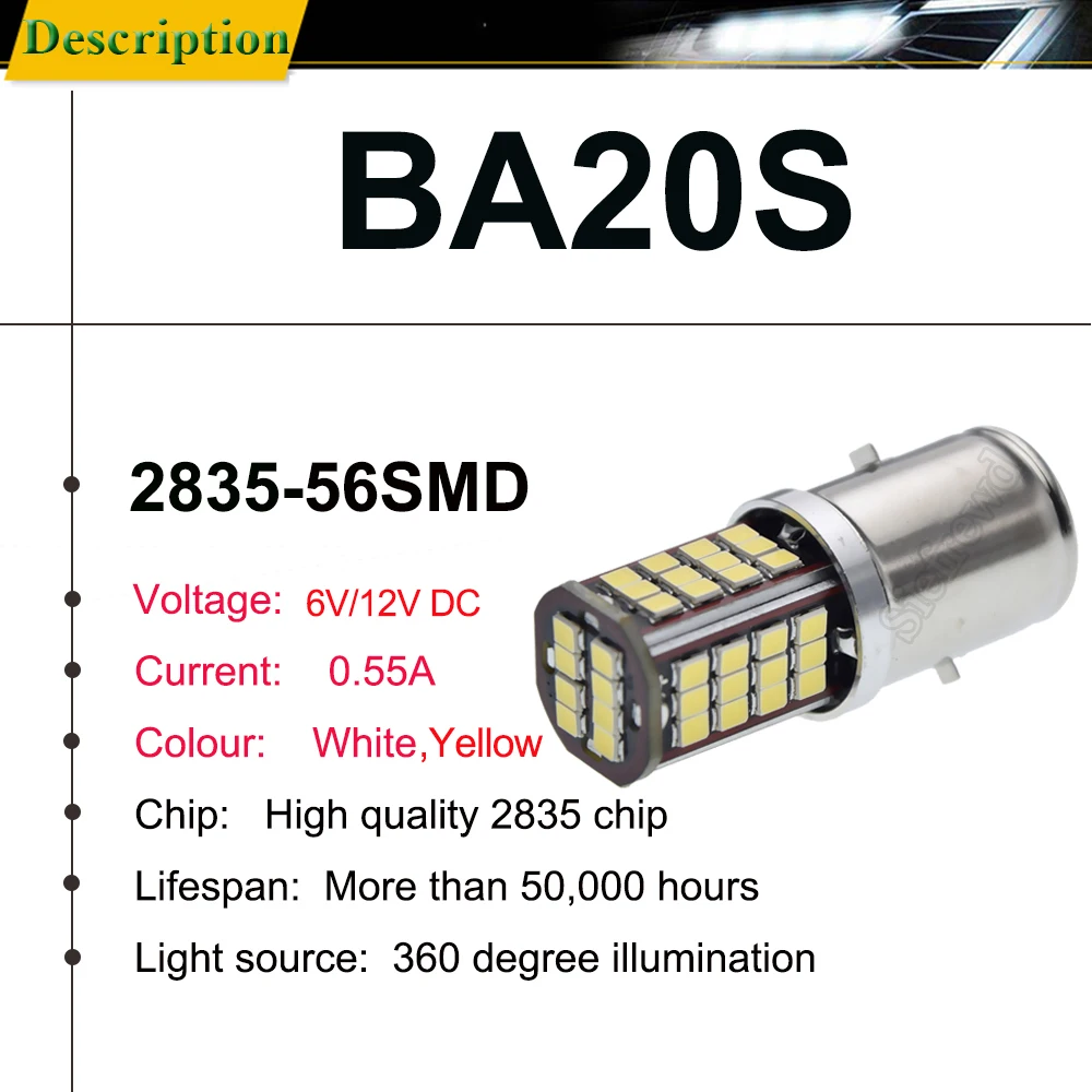 Pair LED Motorcycle Headlamp 2835 56SMD BA20S Car Auto Scooter ATV Moped Led Head Light Bulb White 6000K Yellow Amber 6V 12V DC