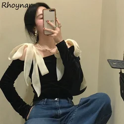 T-shirts Women Golden Velvet Black Off Shoulder Long Sleeve Slim Autumn Fashion Slash Neck Vintage Bow Solid Elegant Design Chic