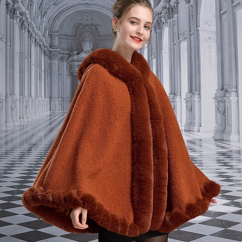 Women Rabbit Fur Collar Loose Poncho Mantle With Hat Cape Big Pendulum Outstreet Winter Warm Granular Velvet Thicken Shawl Coat