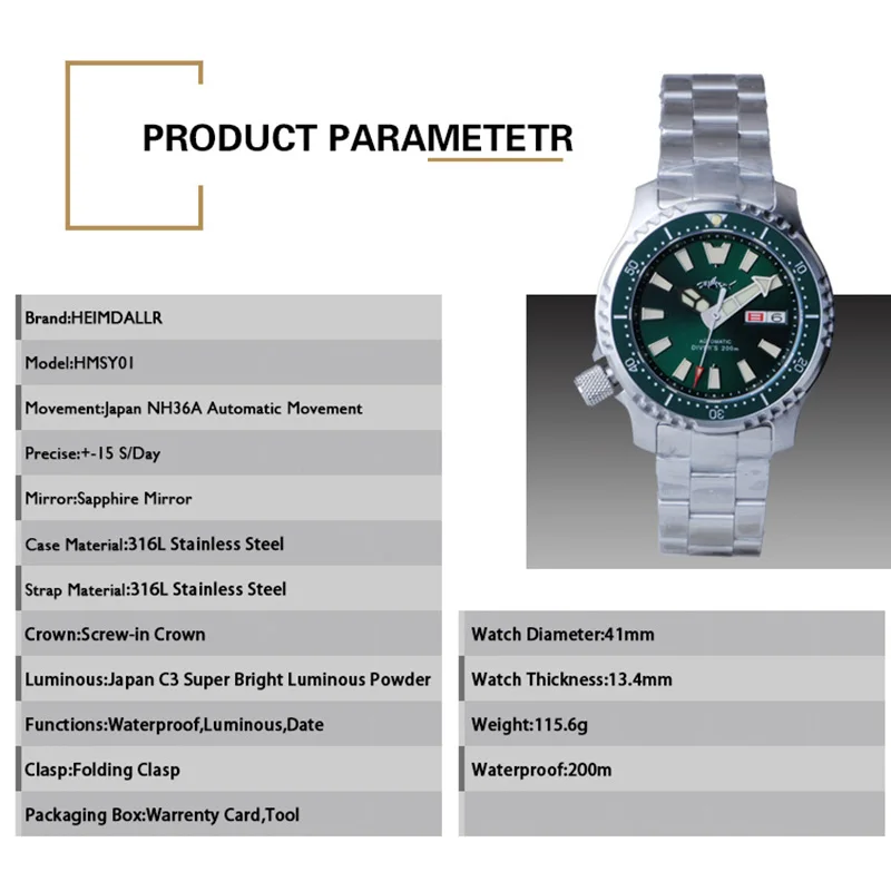 Relógios de mergulho para homens, relógio masculino marca de luxo heimdallr esporte 200m à prova dwaterproof água relógio de pulso mecânico automático luminoso relogio