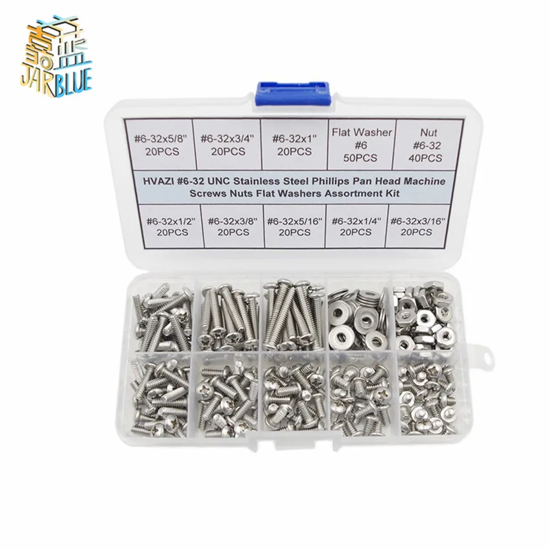 250pcs #8-32 UNC #6-32 UNC Stainless Steel Phillips Pan Head Machine Screws Nuts Flat Washers Assortment Kit