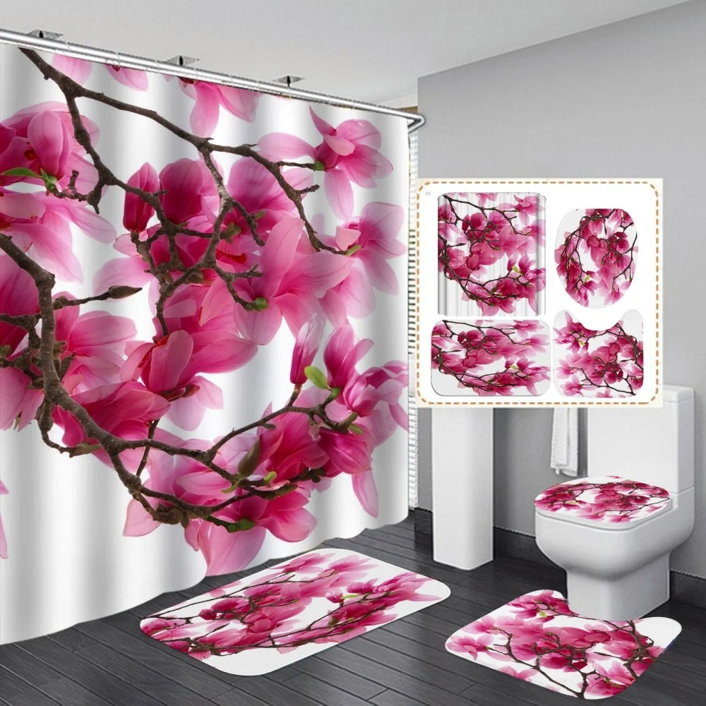 Pink Plum Flower Shower Curtain Elegant Romantic With Non Slip Rug Mat Bathroom Curtain Waterproof Polyester Home Decor 180cm