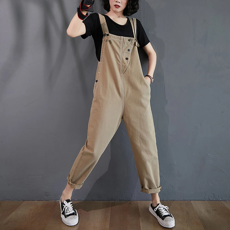 Khaki Denim Jumpsuits for Women Summer Korean Loose Sleeveless Denim Overalls Female Casual Double Shoulder Strap Red Jumpsuit