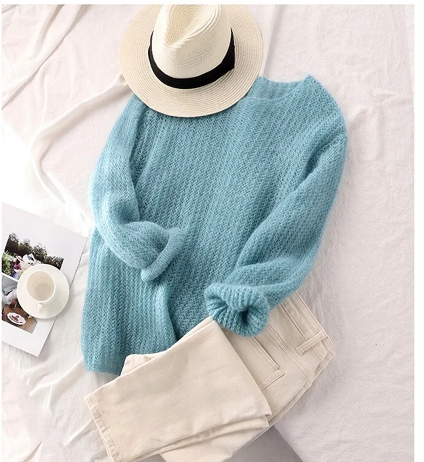 Jsxdhk neue Frühling Herbst Mohair blau dünne Pullover Tops Mode Frauen o Hals gestrickt aushöhlen weiche lose Pullover Damen