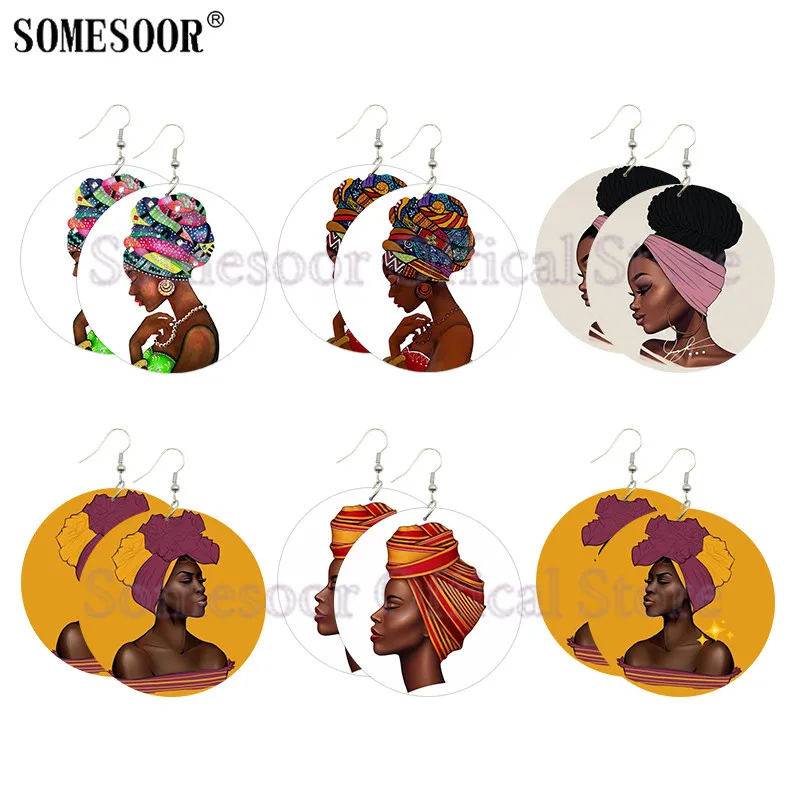 SOMESOOR Beauty Of African Art Paints Wooden Drop Earrings Afro Ethnic Headwrap Black Woman Designs Wood Dangle Jewelry Gifts