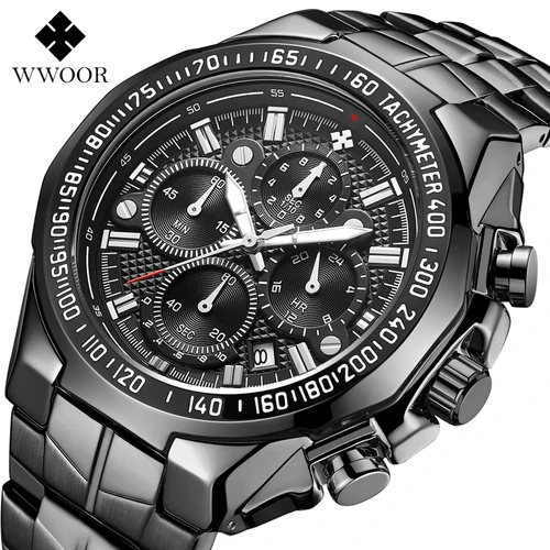 WWOOR-Reloj deportivo de lujo para Hombre, cronógrafo de cuarzo con fecha, Luminoso, de pulsera de acero, color negro
