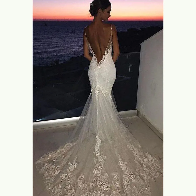 Sexi Fehérítőszer Sellő esküvői dresses csipkével nyílt Hátsó Spagetti straps appliqued  menyasszonyi gowns Választékos évjárat vestidos Delaware novia