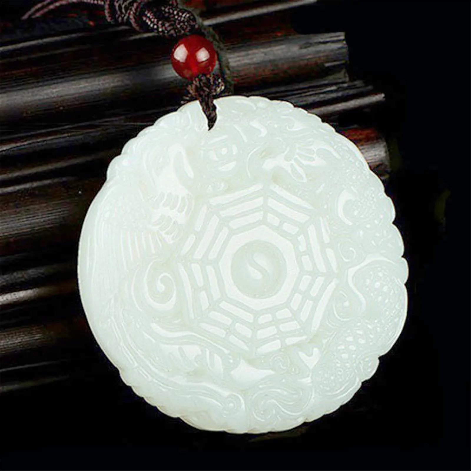 Feng Shui Lucky Tai Chi Diagram Yin Yang Bagua White Nephrite Dragon and Phoenix Pendant Necklace for Men and Women Afghan Jade