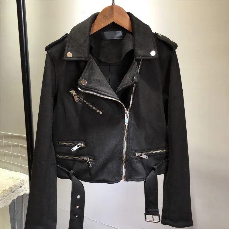 Women Motor Biker Leather Belted Slim Fit Short Faux Suede Outwear Coat Ladies Colors Casual Punk Streetwear Jacket