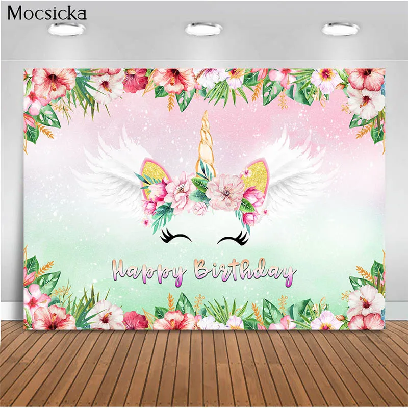 

Mocsicka Unicorn Theme Photography Background Wings Tropical Flowers Decoration Props Birthday Party Photo Backdrop Banner