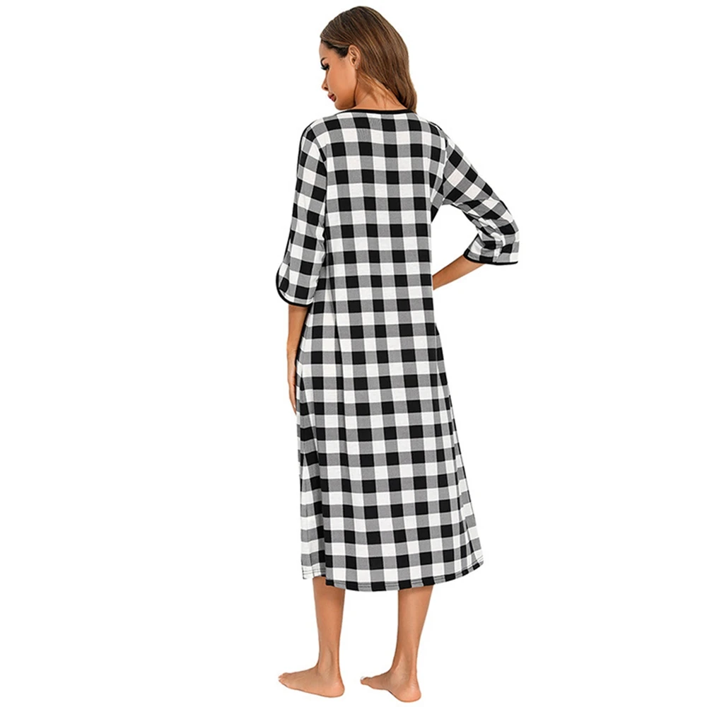 Women Autumn Plaid Zipper Front Robes Long Sleepwear Soft  Nightgown Warm Loungewear Maternity Bathrobe Pajamas