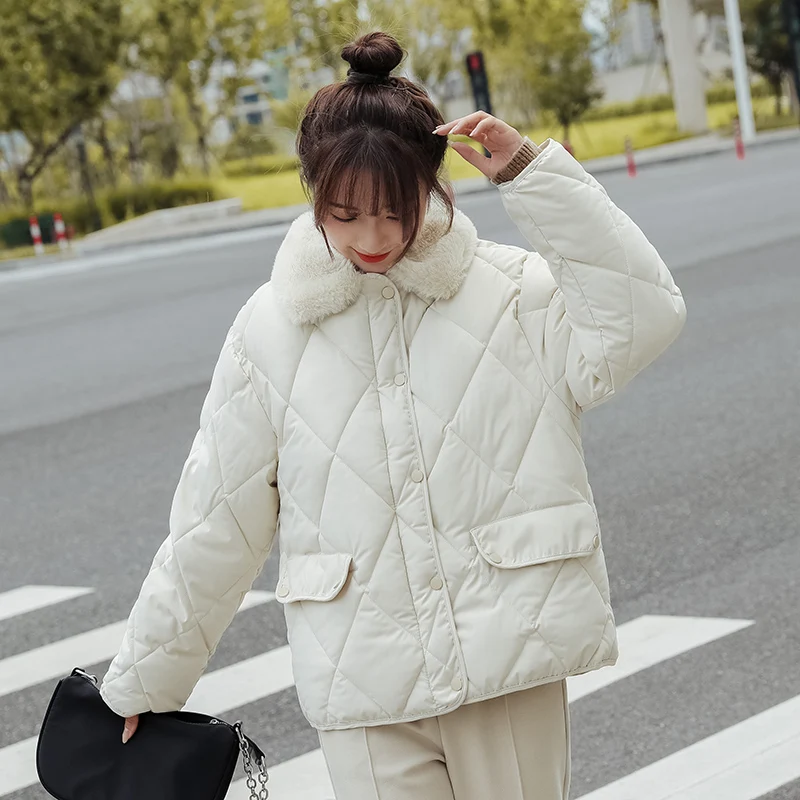 New winter coat women's coat women's warmth fashion big fur collar coat short thick parka coat Korean loose diamond check coat