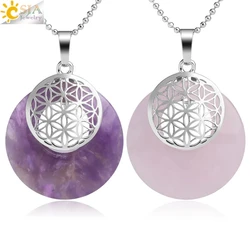 CSJA Natural Stone Flower of Life Pendant Necklace Reiki Amulets Hollow Out Circle Pendants Fit for Women Men Charm Jewelry G052