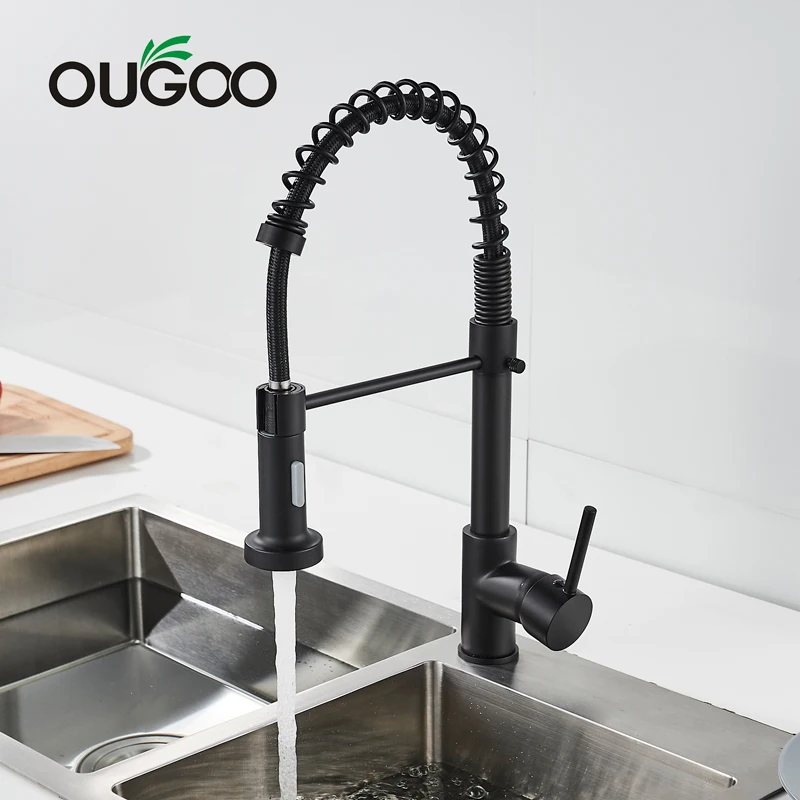 

OUGOO Deck Mounted Flexible Kitchen Faucets Pull Out Mixer Tap Black Hot Cold Kitchen Faucet Spring Style with Spray Mixers Taps