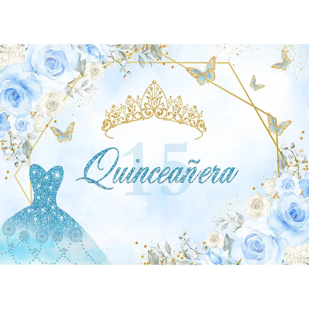 Mocsicka Quinceañera Bé Gái 15th Sinh Nhật Phông Nền Xanh Dương Hoa Bướm Áo Vương Miện Vàng Nền Chụp Ảnh Photocall