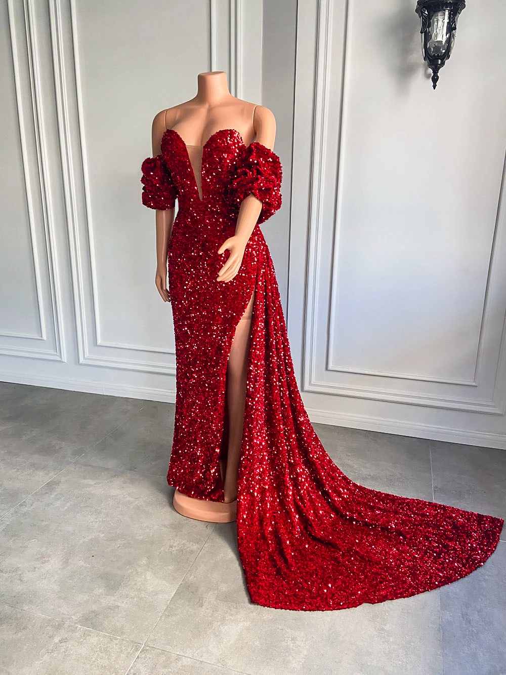 Long Red Prom Dresses 2026 Off The Shoulder Sexy High Slit Sequined African Black Girls Real Prom Gala Gowns With Side Train