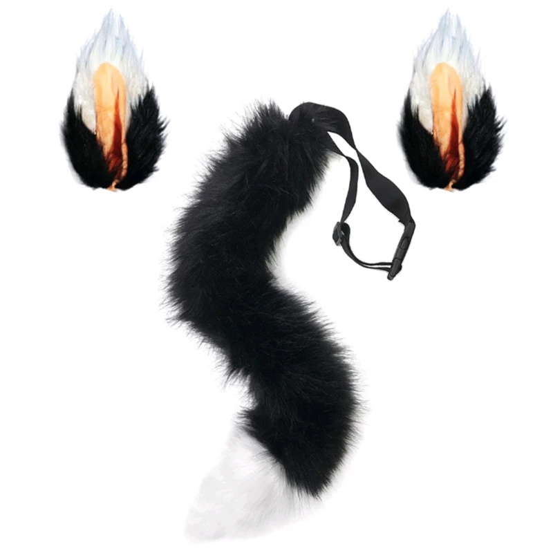 

Halloween 65cm animal black and white orange white fox cosplay tail ear set cosplay prop party adjustable strap