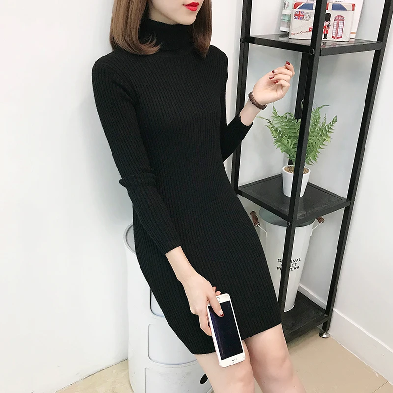 New Autumn Winter Turtleneck Sweater Female Outer Wear Mid-Length Thick Sweater Dress Women Tight-Fitting Knit Bottoming Shirt