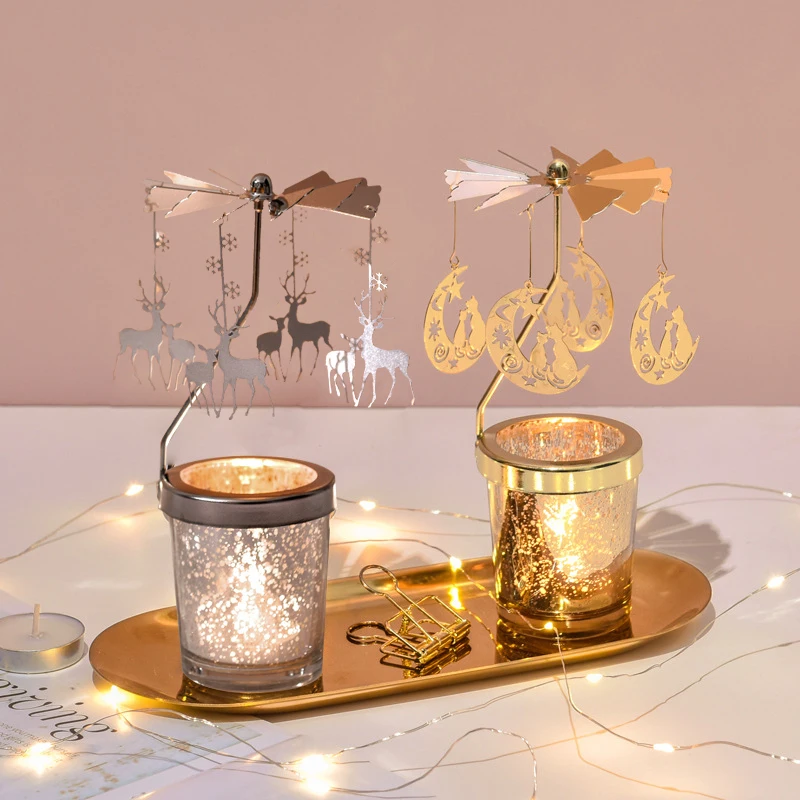 Romantic Rotating Spinning Carrousel Tea Light Candlesticks Holder Metal Tea Light Candle Holder Home Decoration Dinner Party