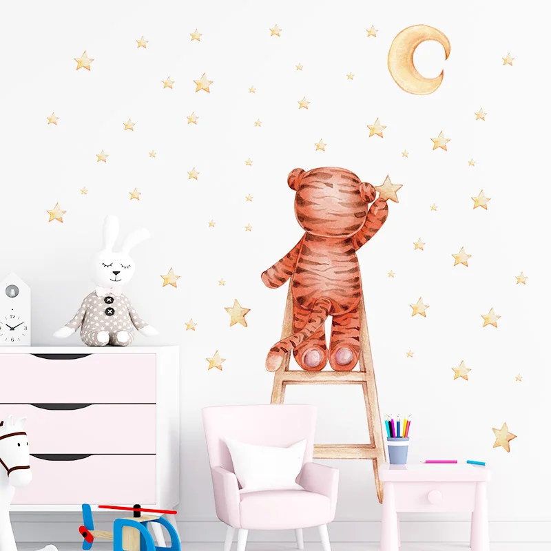 Hand Drawn Tiger Climbing the ladder Catch the Stars Wall Stickers for Kids Room Baby Nursery Room Living Room Wall Decals Decor