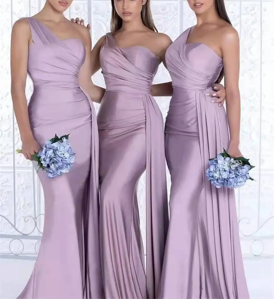 Vestidos de dama de honor de un hombro de licra, vestido de dama de honor de sirena de satén con cordones, vestidos de novia para fiesta de boda 2021